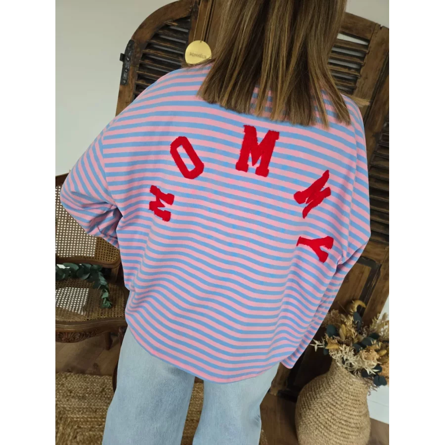 Sweat fin Mommy rayé ciel et rose