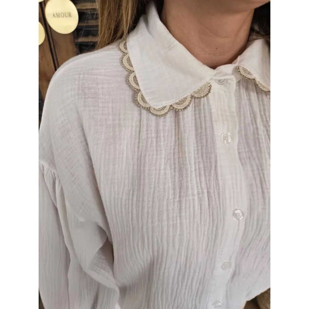 Chemise Justine gaze coton blanc biais doré