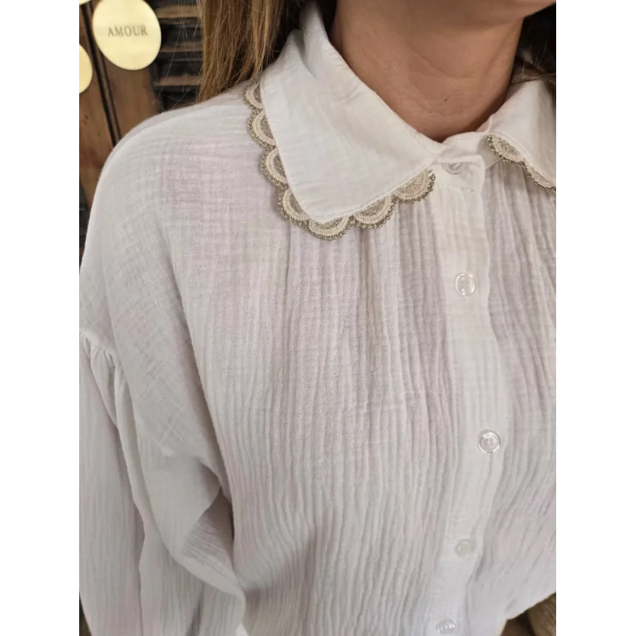 Chemise Justine gaze coton blanc biais doré