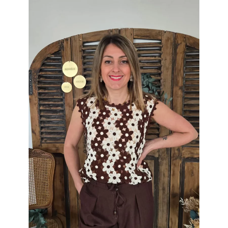 Top Maxence crochet fleurs beige choco