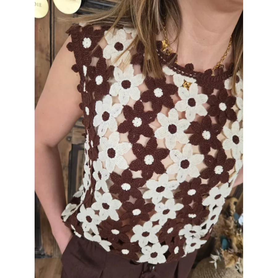 Top Maxence crochet fleurs beige choco