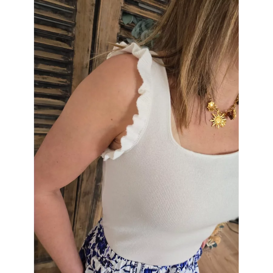 Top Henri en maille blanc volants