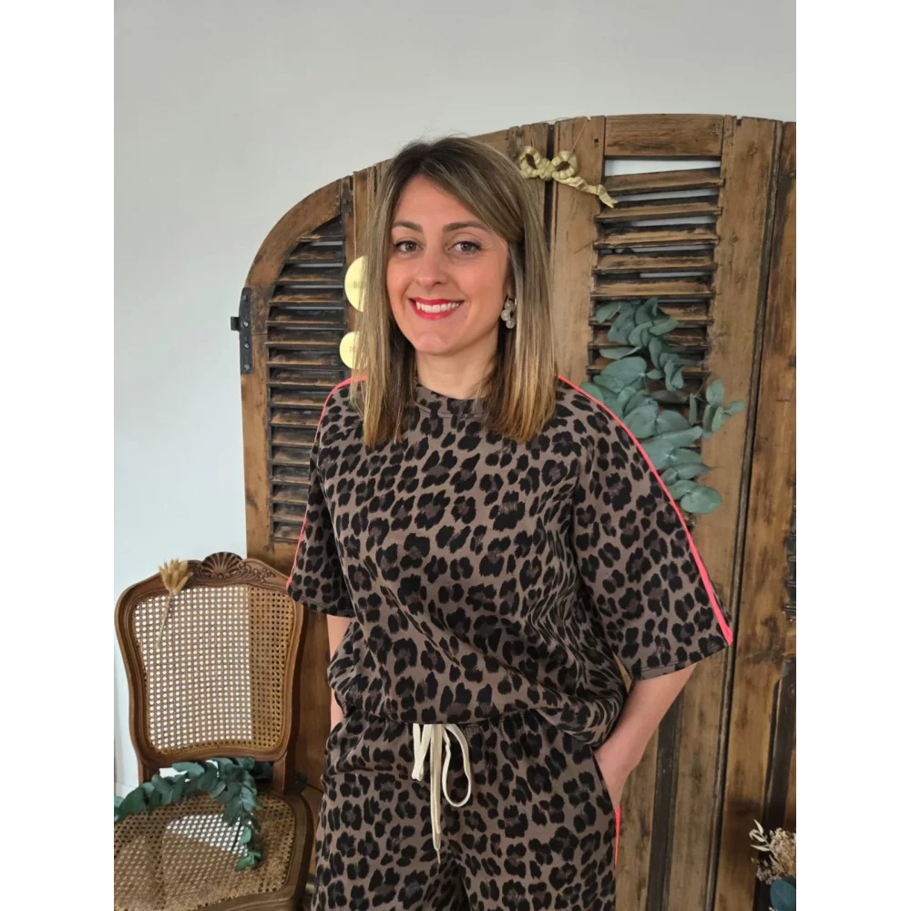 Sweat leopard choco bande fluo fuchsia