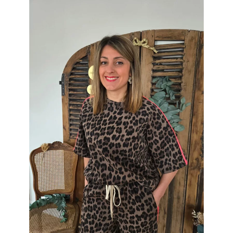 Sweat leopard choco bande fluo fuchsia