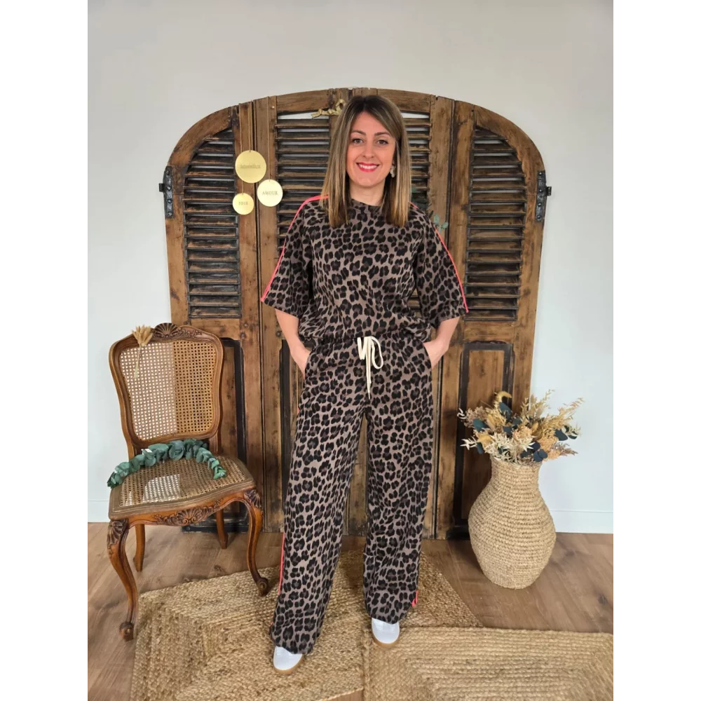 Sweat leopard choco bande fluo fuchsia