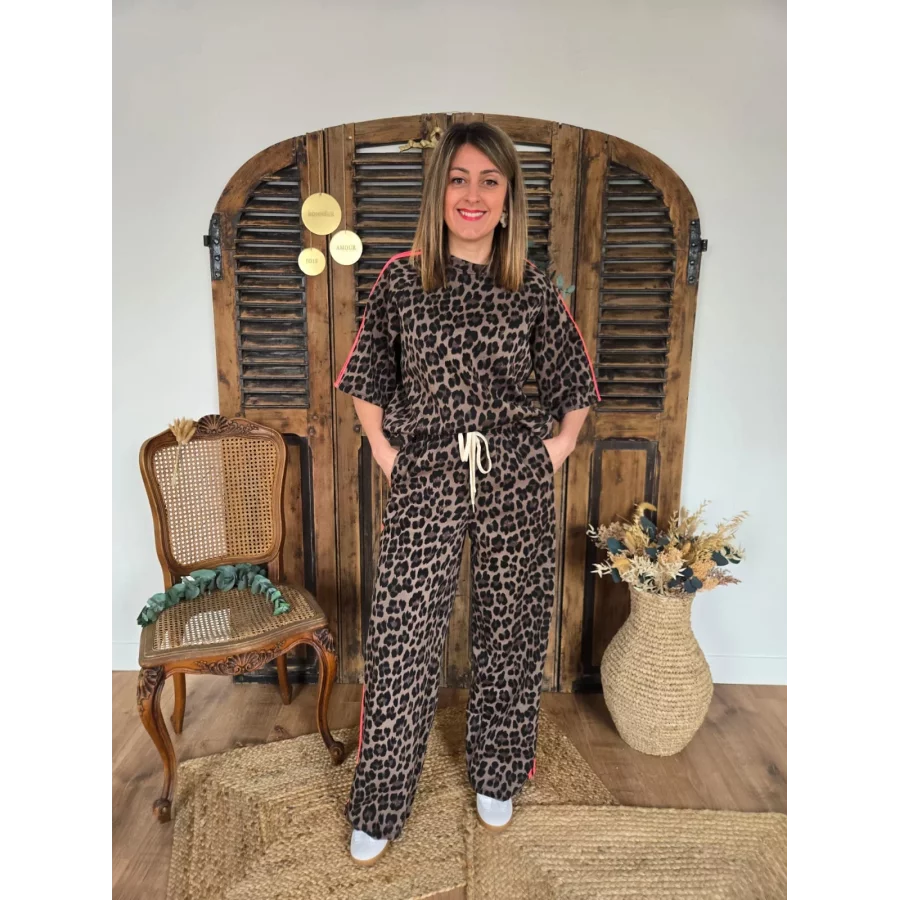 Pantalon jog leopard choco bande fluo fuchsia