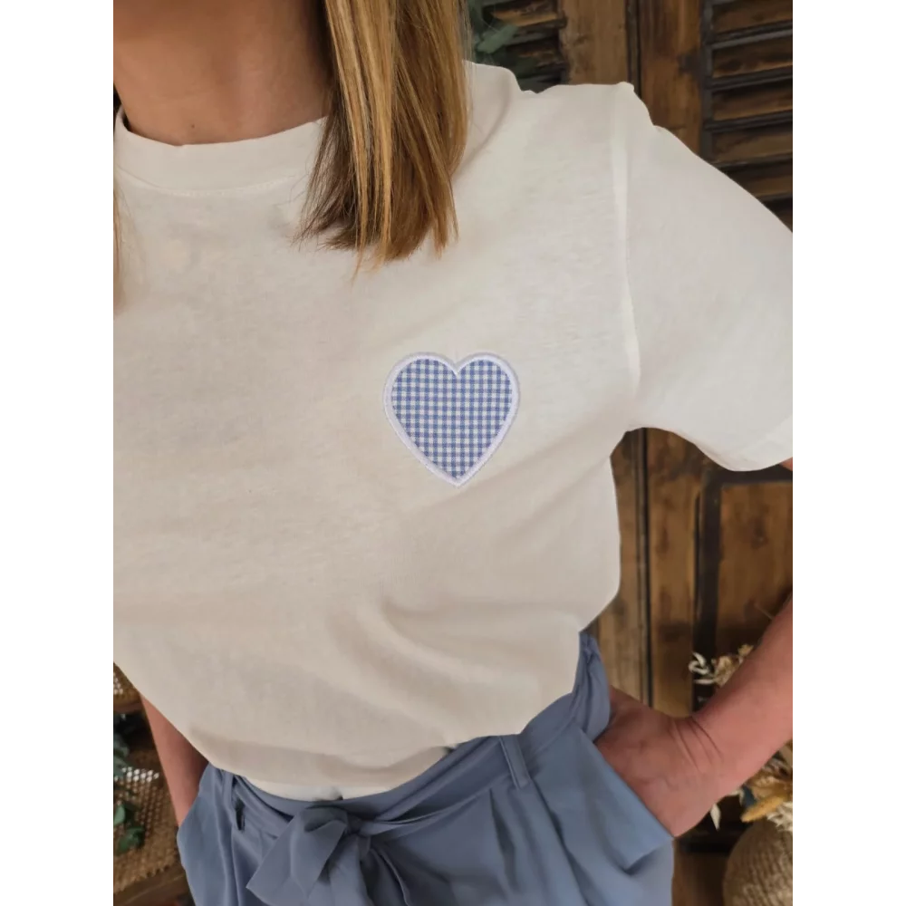 T-shirt Cesar blanc coeur vichy bleu