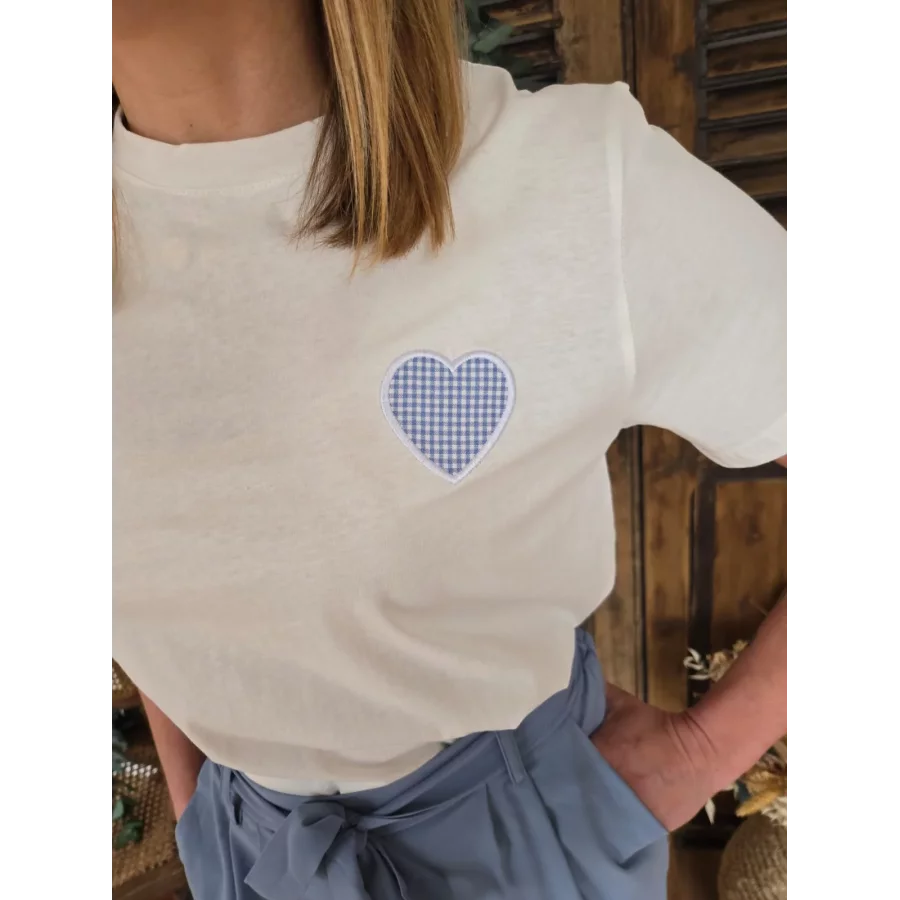 T-shirt Cesar blanc coeur vichy bleu