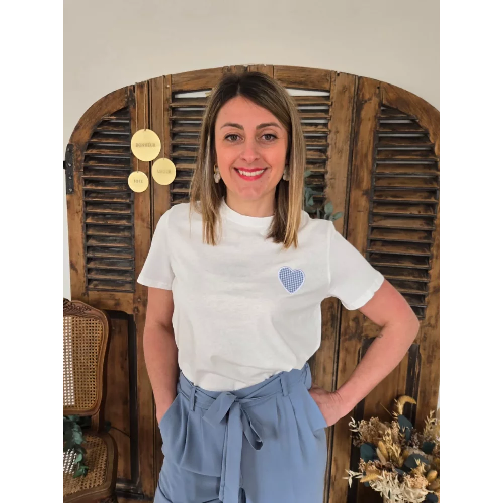 T-shirt Cesar blanc coeur vichy bleu