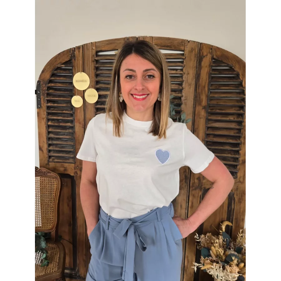 T-shirt Cesar blanc coeur vichy bleu
