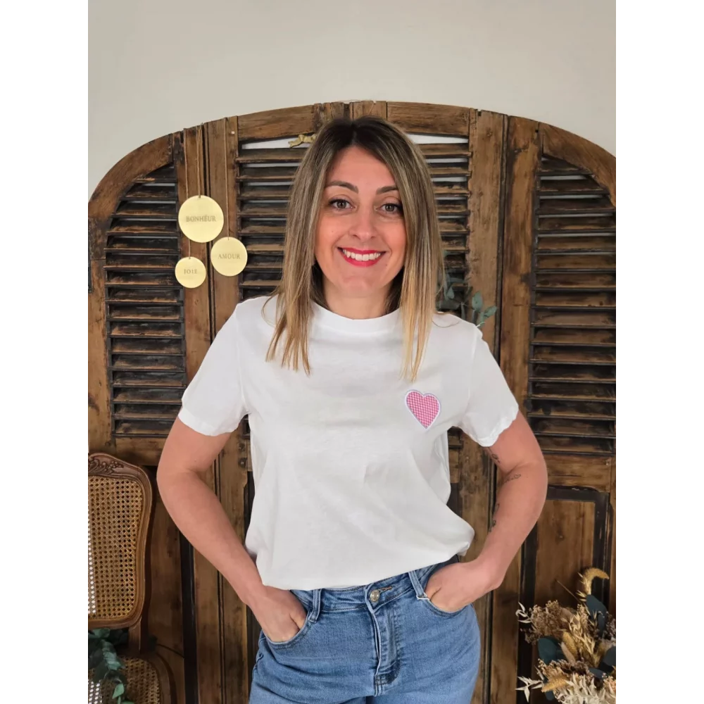 T-shirt Cesar blanc coeur vichy rose