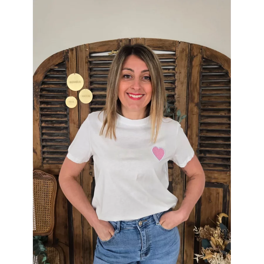 T-shirt Cesar blanc coeur vichy rose