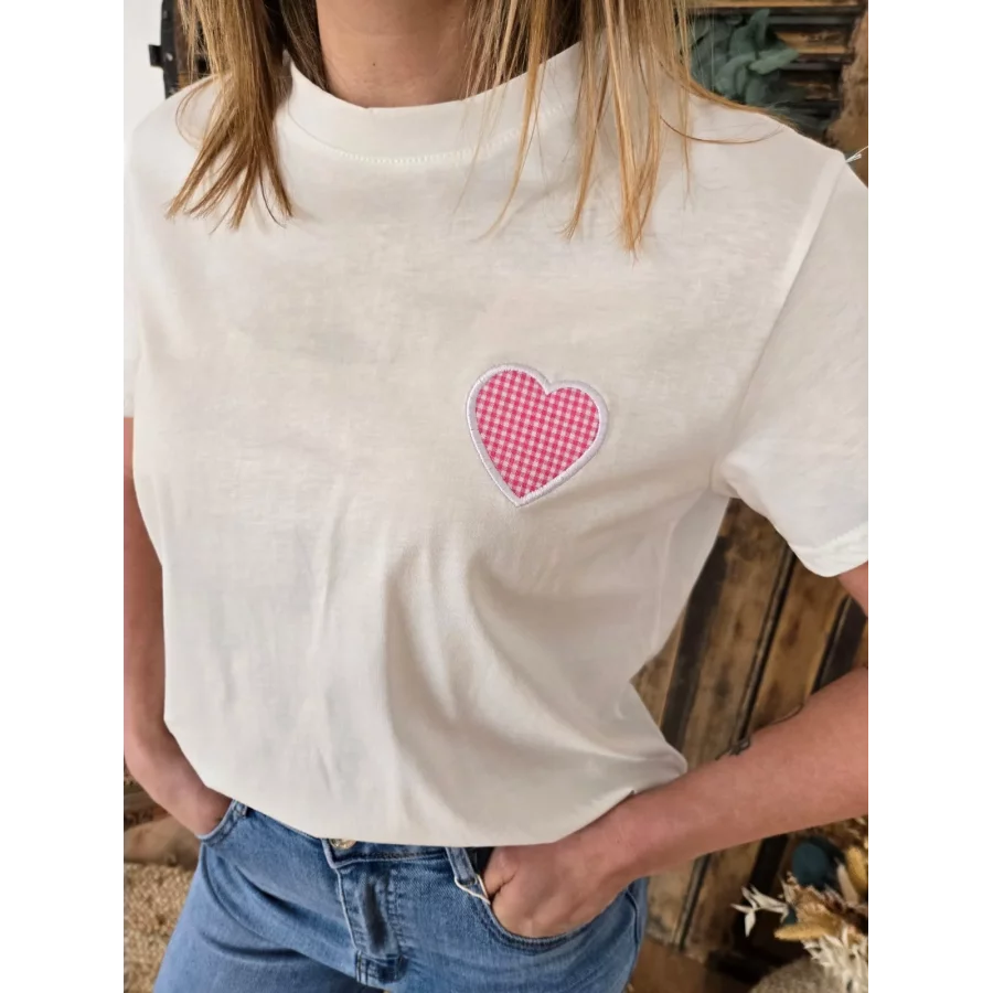 T-shirt Cesar blanc coeur vichy rose