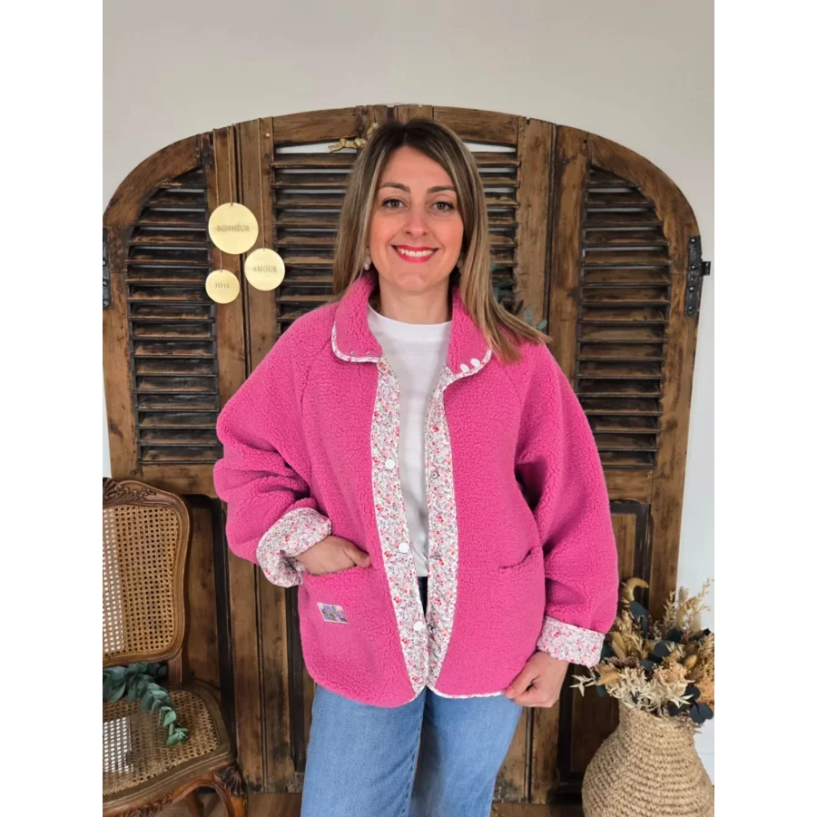 Veste Jade rose réversible bouclette fleurie