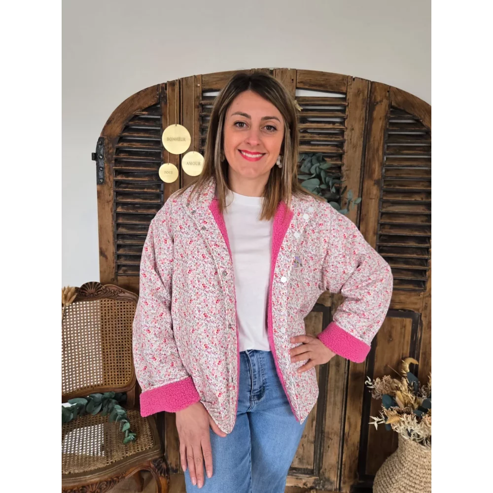Veste Jade rose réversible bouclette fleurie