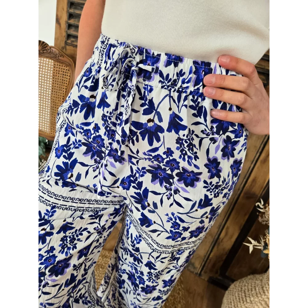 Pantalon Lilian fluide fleurs bleu