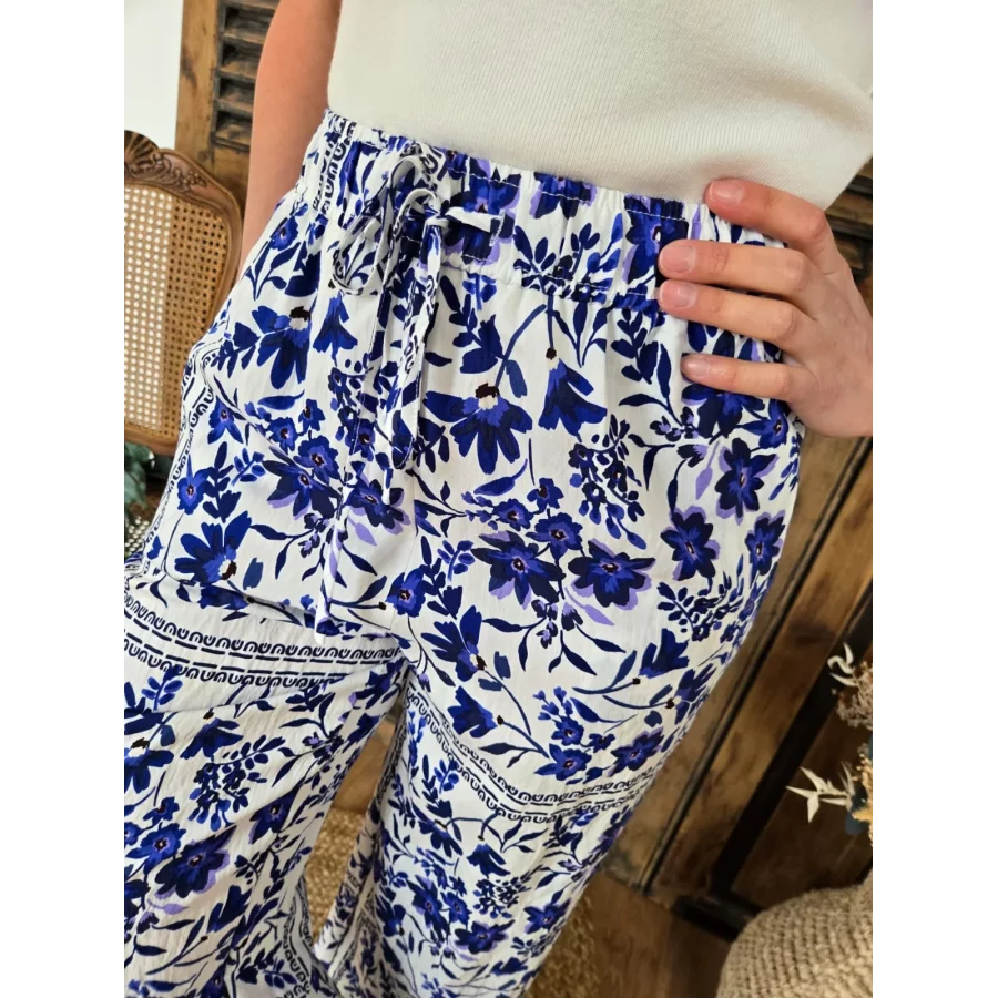 Pantalon Lilian fluide fleurs bleu