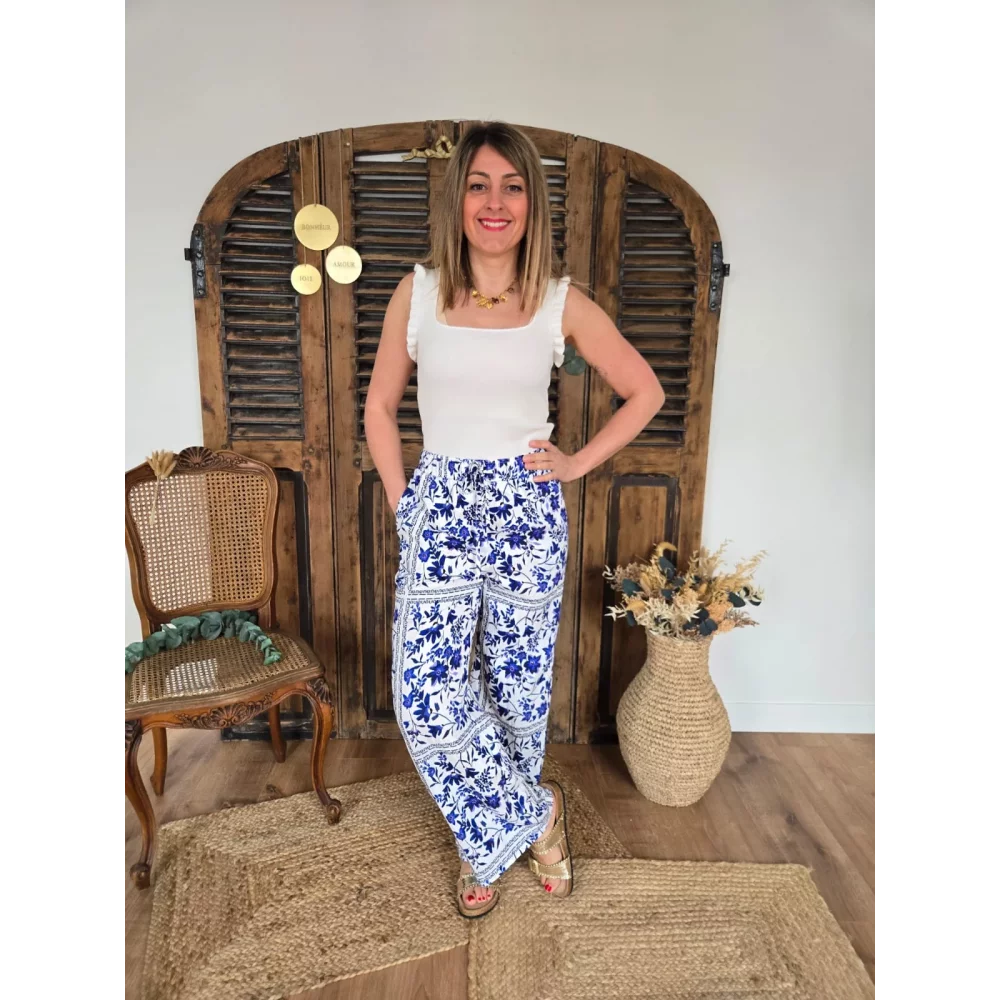 Pantalon Lilian fluide fleurs bleu