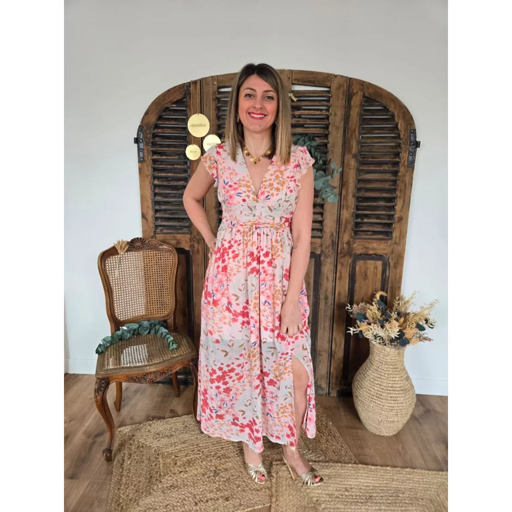 Robe Lisa longue rose et fleurs