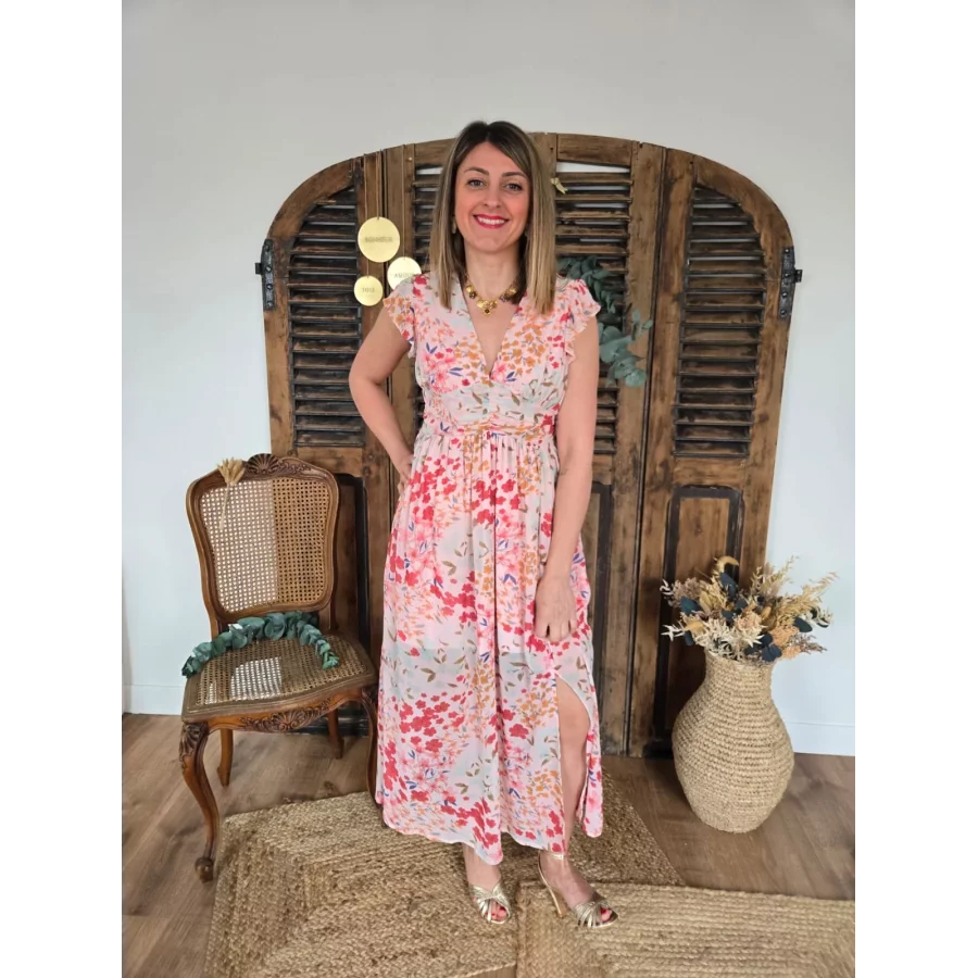 Robe Lisa longue rose et fleurs