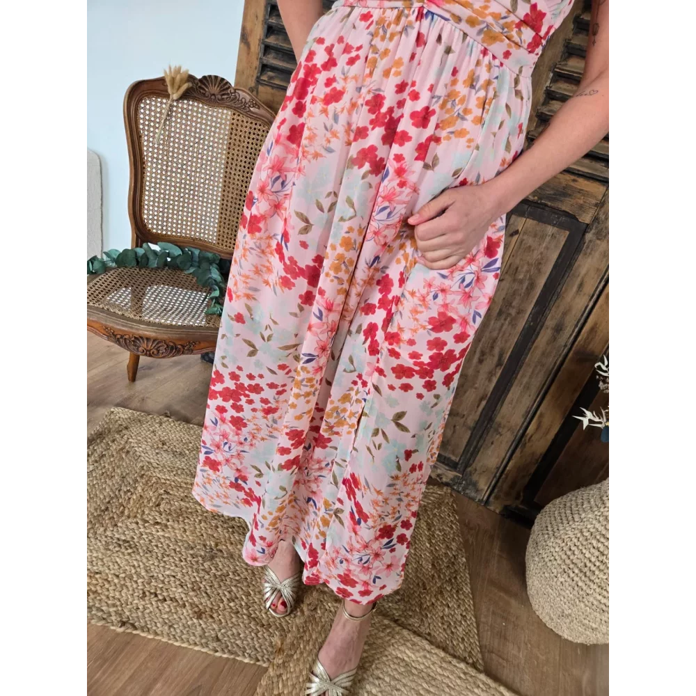 Robe Lisa longue rose et fleurs