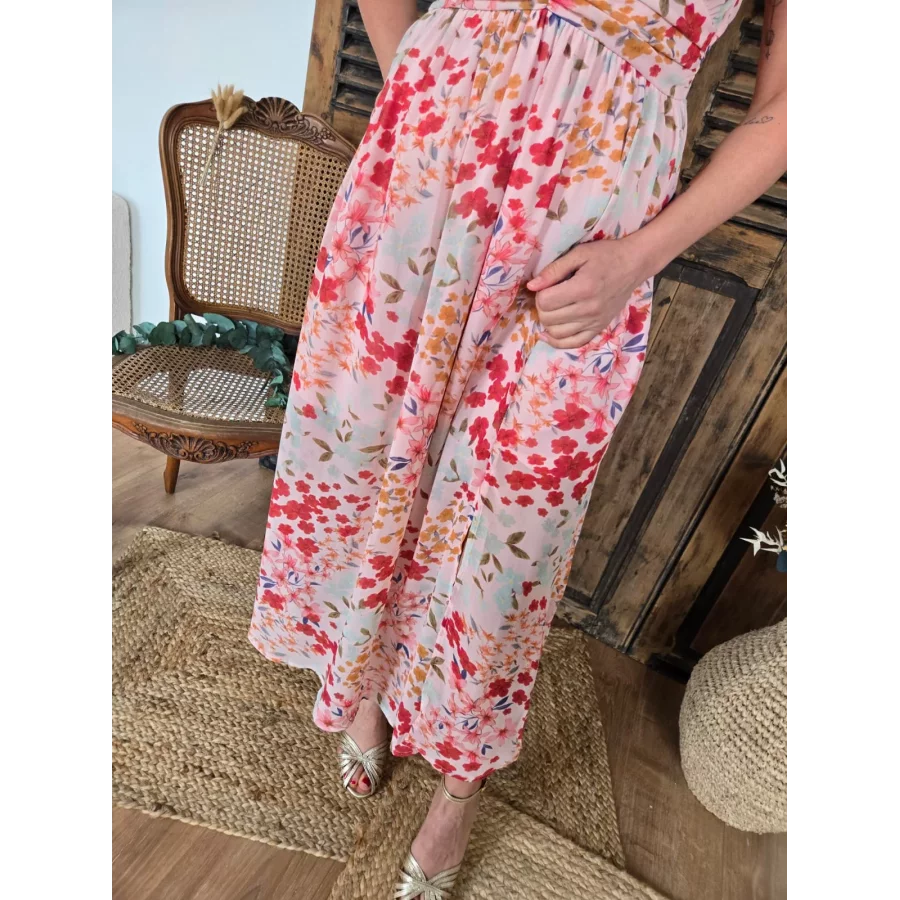 Robe Lisa longue rose et fleurs