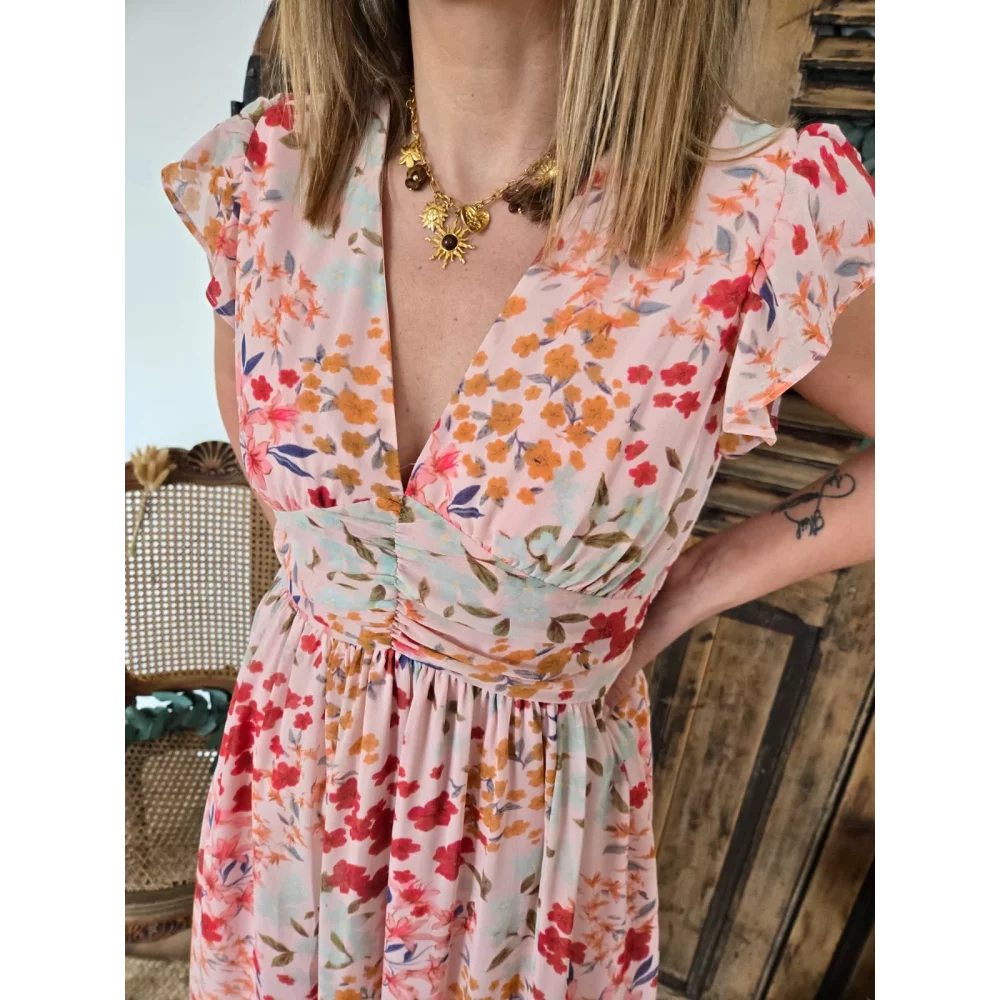 Robe Lisa longue rose et fleurs