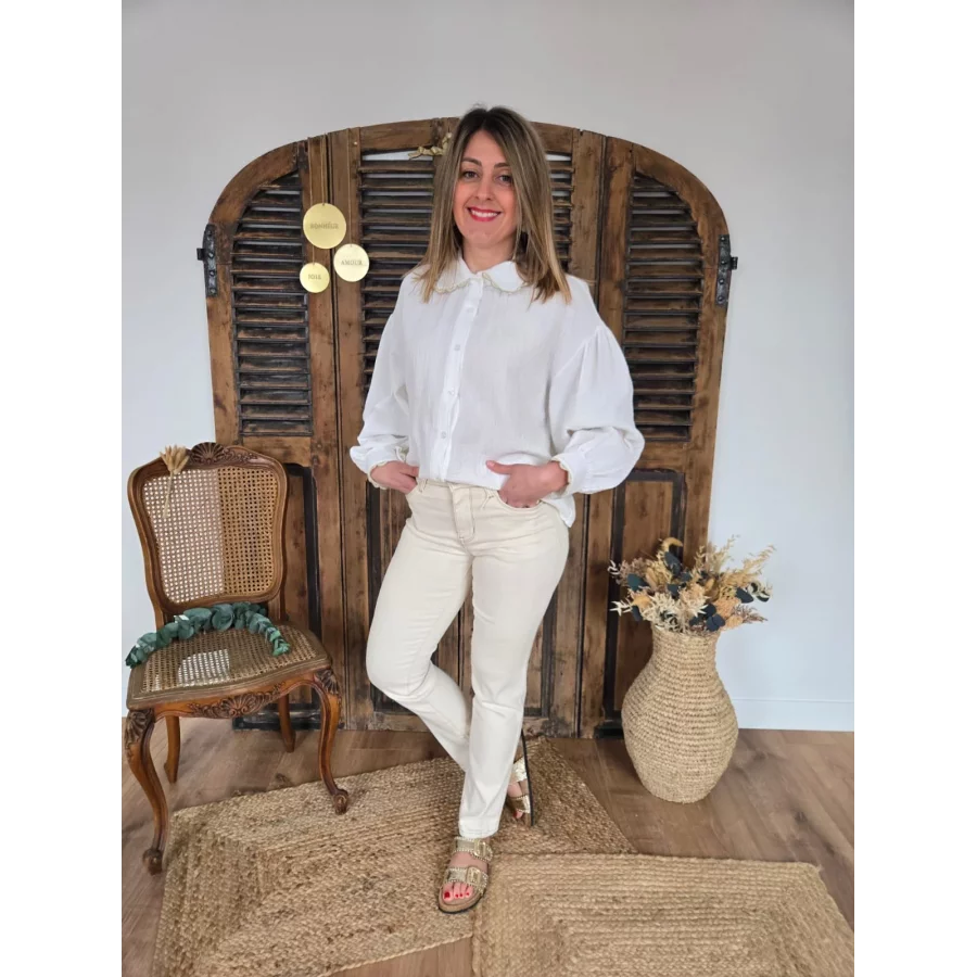 Jean droit Fabien beige surpiqure choco