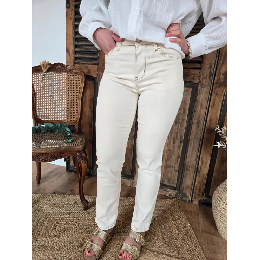 Jean droit Fabien beige surpiqure choco
