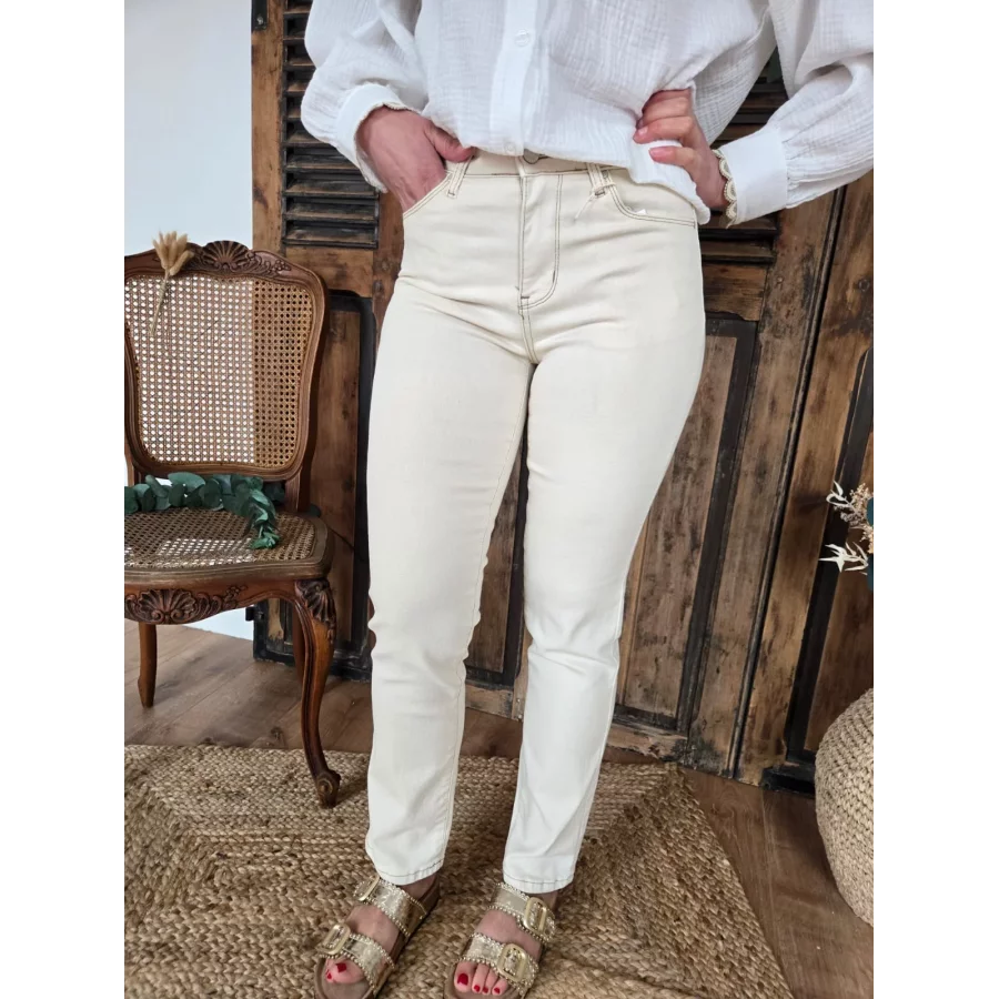 Jean droit Fabien beige surpiqure choco