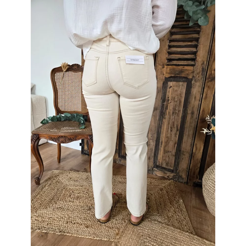 Jean droit Fabien beige surpiqure choco