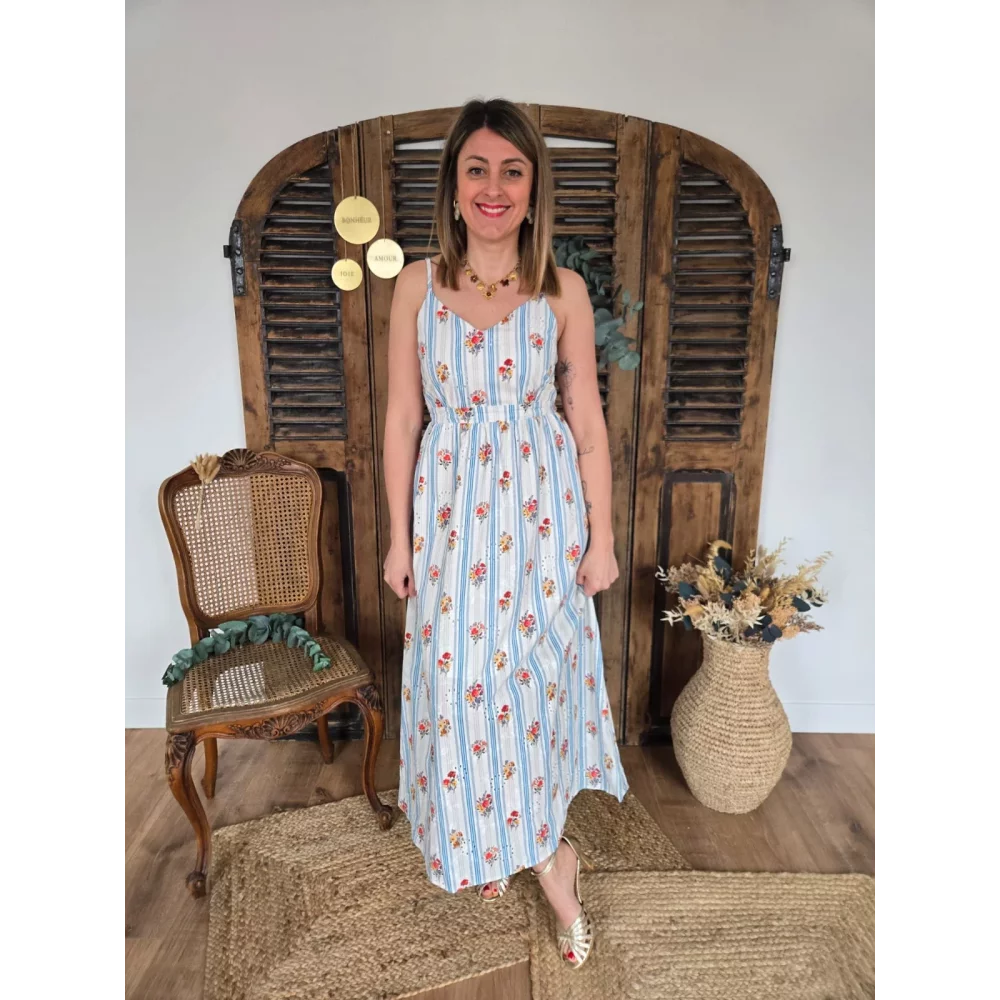 Robe Loane bleu et fleurs dos ouvert