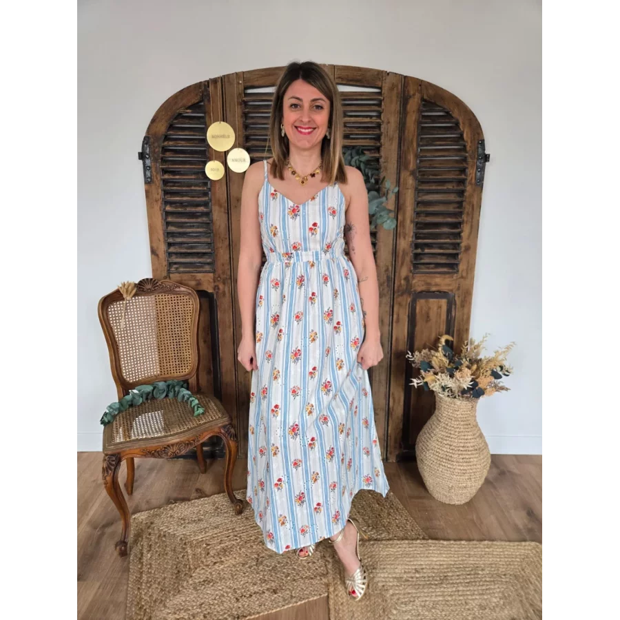 Robe Loane bleu et fleurs dos ouvert