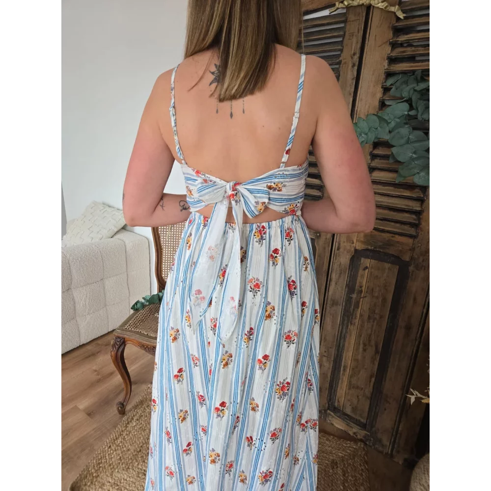 Robe Loane bleu et fleurs dos ouvert