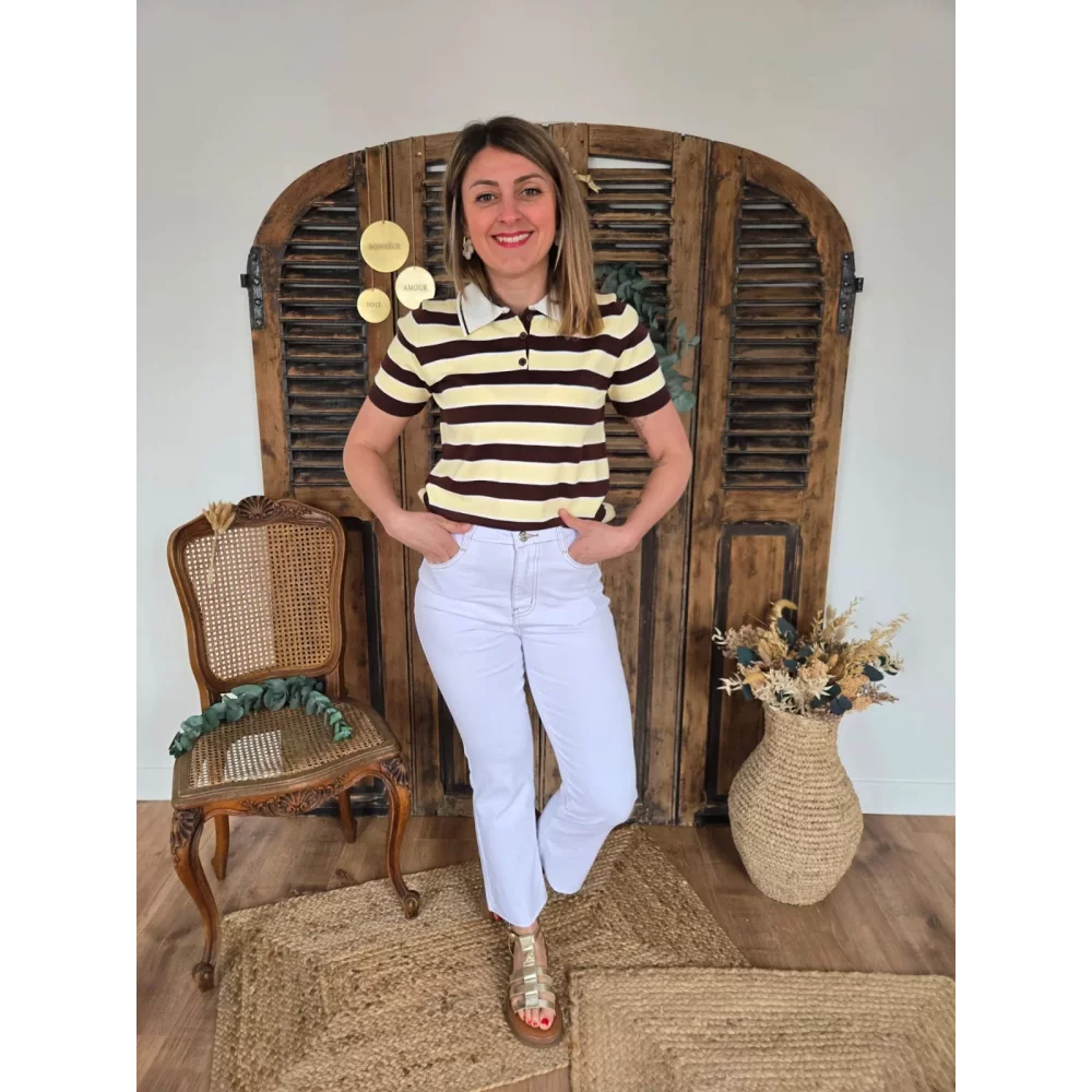 Jean Armand flare 7/8ème blanc surpiqure marron