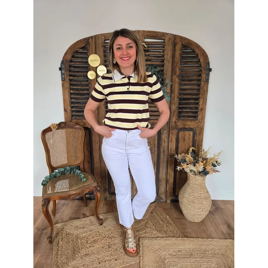 Jean Armand flare 7/8ème blanc surpiqure marron