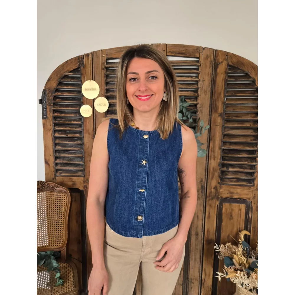 Top Josiane jeans bleu brut coquillage