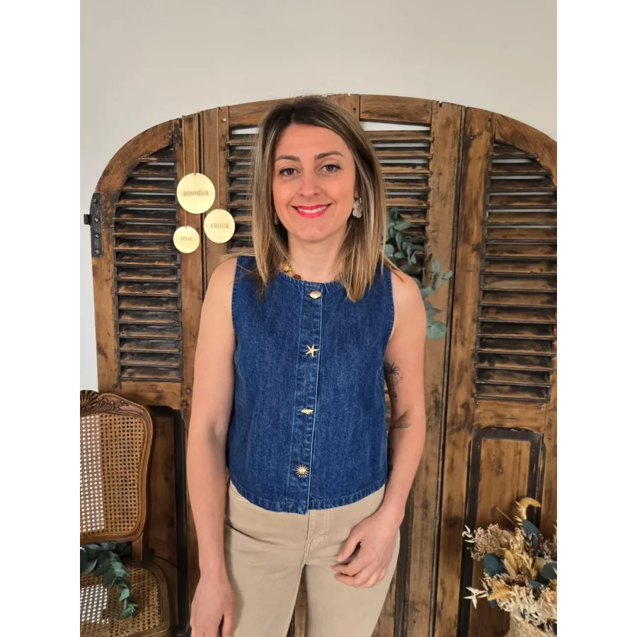 Top Josiane jeans bleu brut coquillage