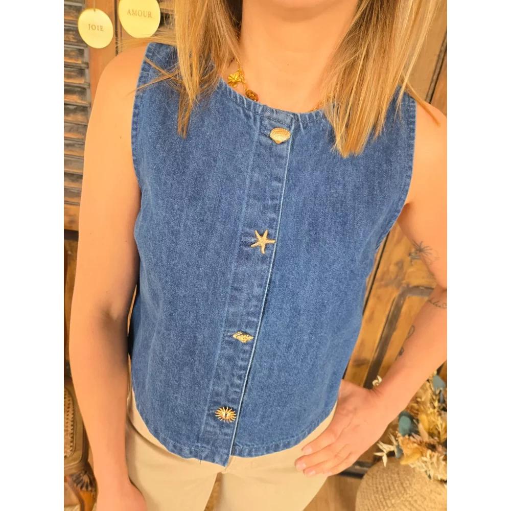 Top Josiane jeans bleu brut coquillage