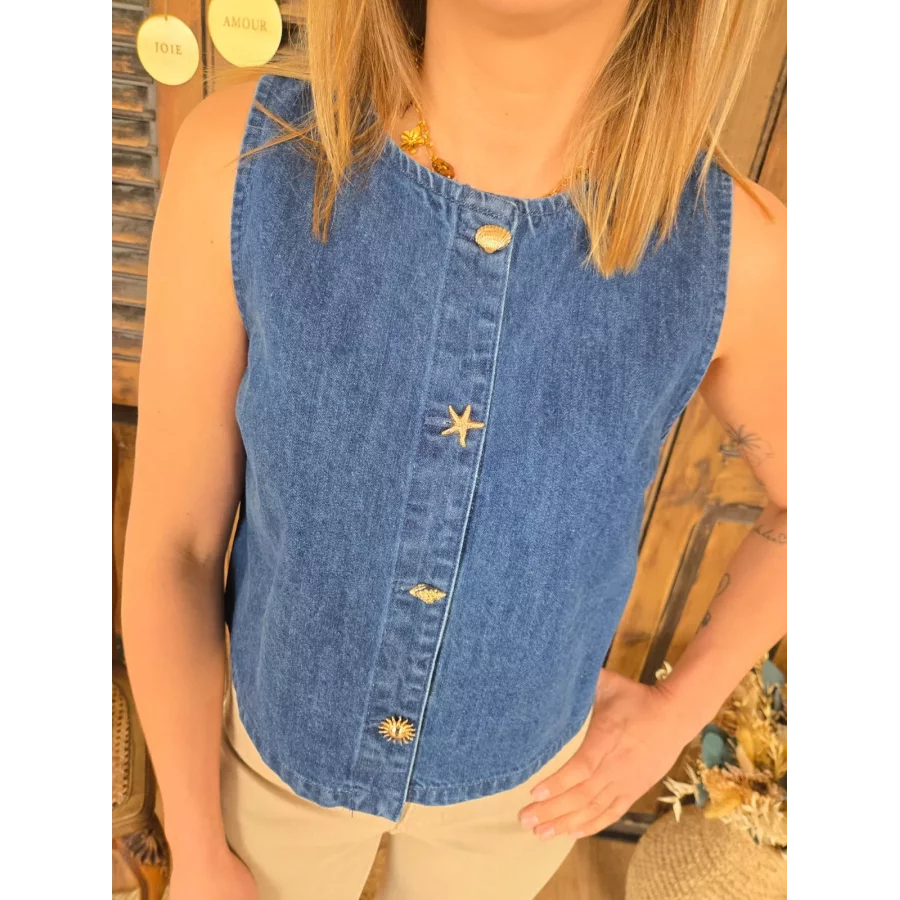 Top Josiane jeans bleu brut coquillage