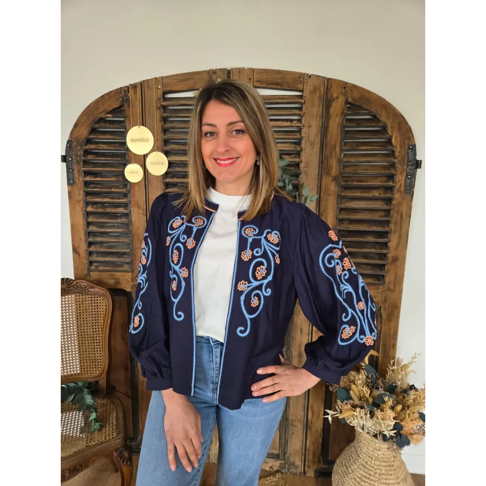 Gilet Veste Ronan bleu marine broderies