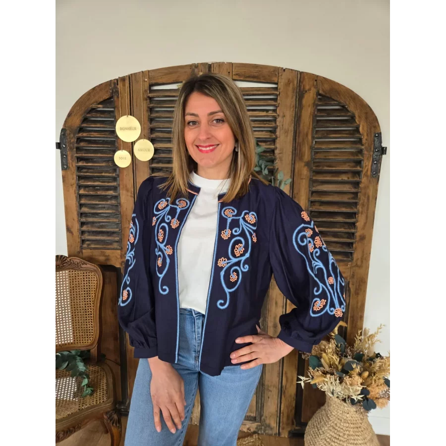 Gilet Veste Ronan bleu marine broderies