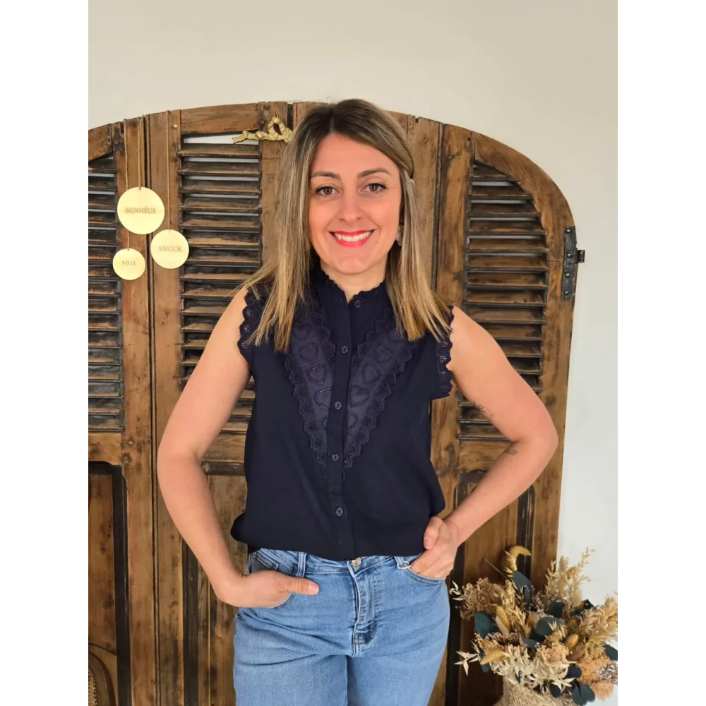 Blouse Lea bleu marine biais dentelle
