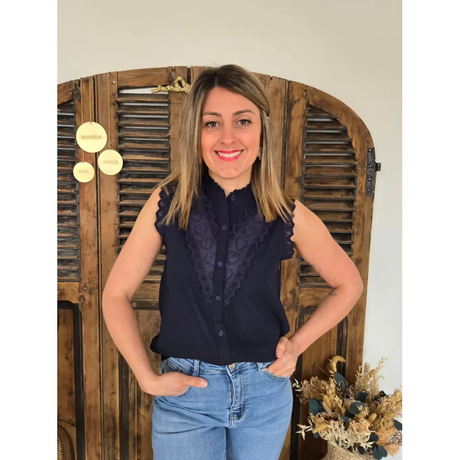 Blouse Lea bleu marine biais dentelle