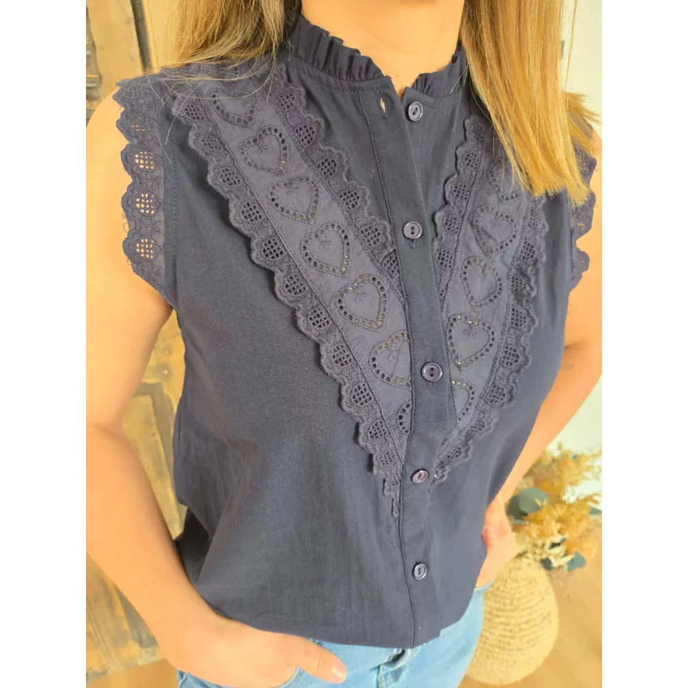 Blouse Lea bleu marine biais dentelle
