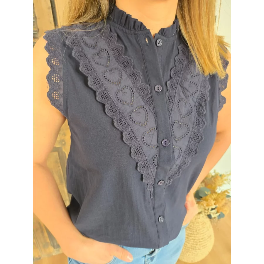Blouse Lea bleu marine biais dentelle