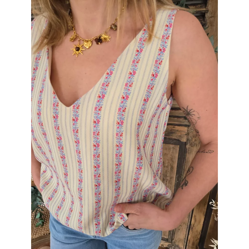Top Marceau beige et bande fleurie