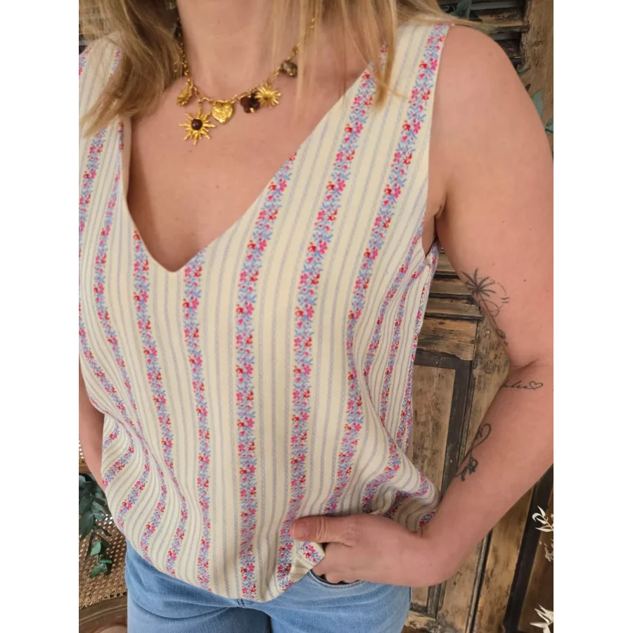 Top Marceau beige et bande fleurie