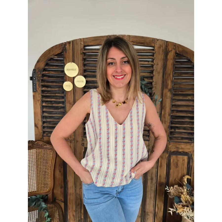 Top Marceau beige et bande fleurie