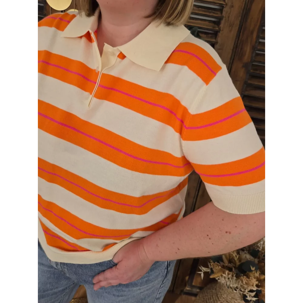 Pull polo Zach rayé beige orange